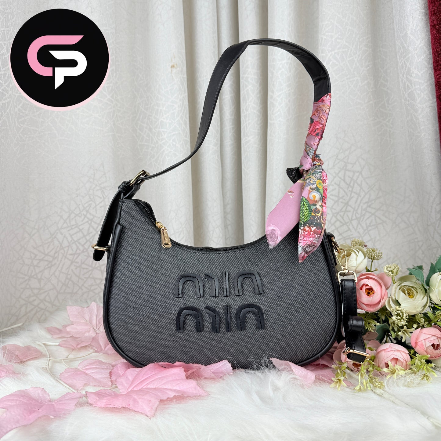 Black Textured Shoulder Bag with Scarf Detail