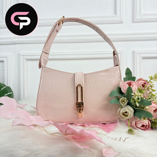 Pink Croc-Texture Shoulder Bag with Gold Lock Detail