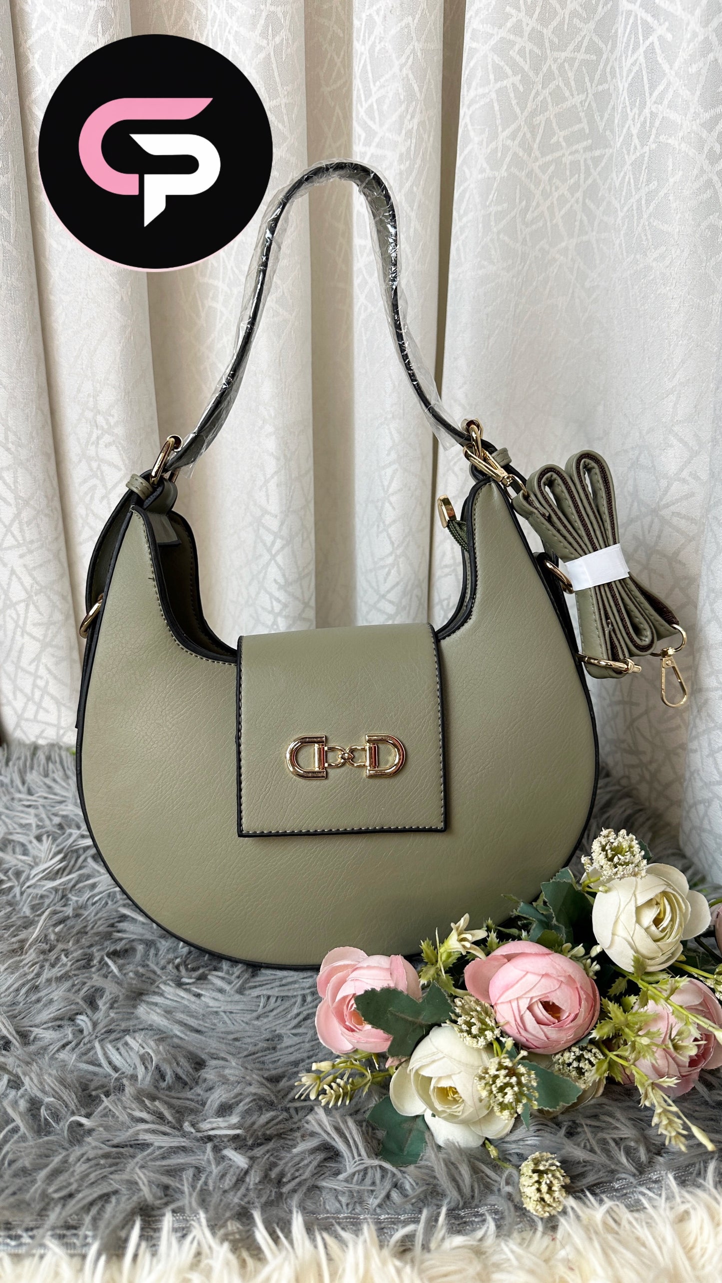 Blush olive Crescent Shoulder Bag with Gold Lock Detail