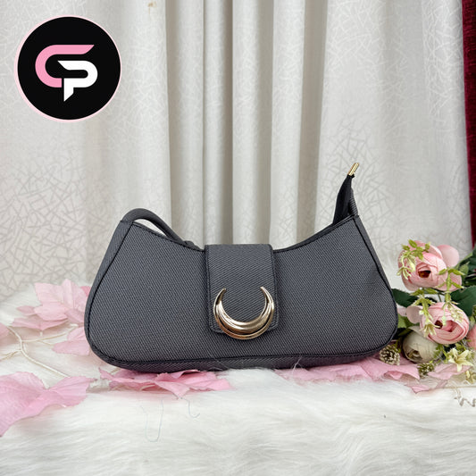 Black Canvas Shoulder Bag with Gold Crescent Buckle