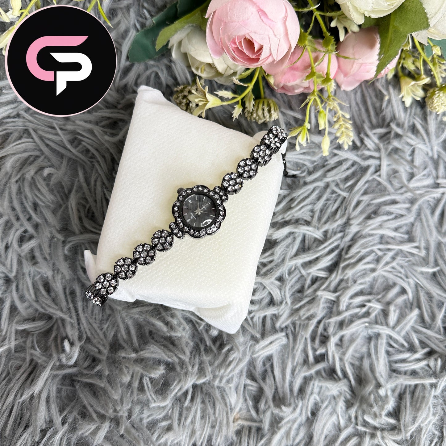 Black Crystal Floral Bracelet Watch for Women