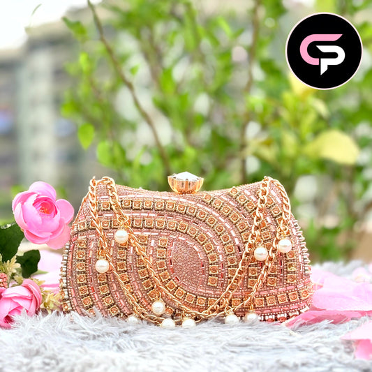 Luxury Rose Gold Crystal Pearl Party Clutch Bag for Women | Premium Evening Handbag