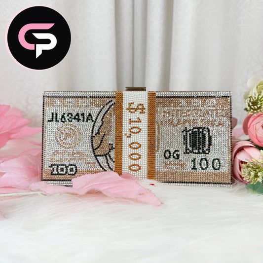 China Imported Dollar Crystal Money Design Party Clutch for Women