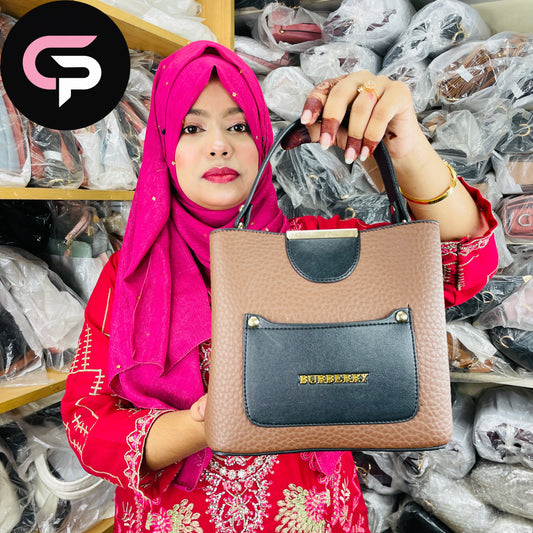 Brown Pebbled Mini Tote Bag with Front Pocket Detail