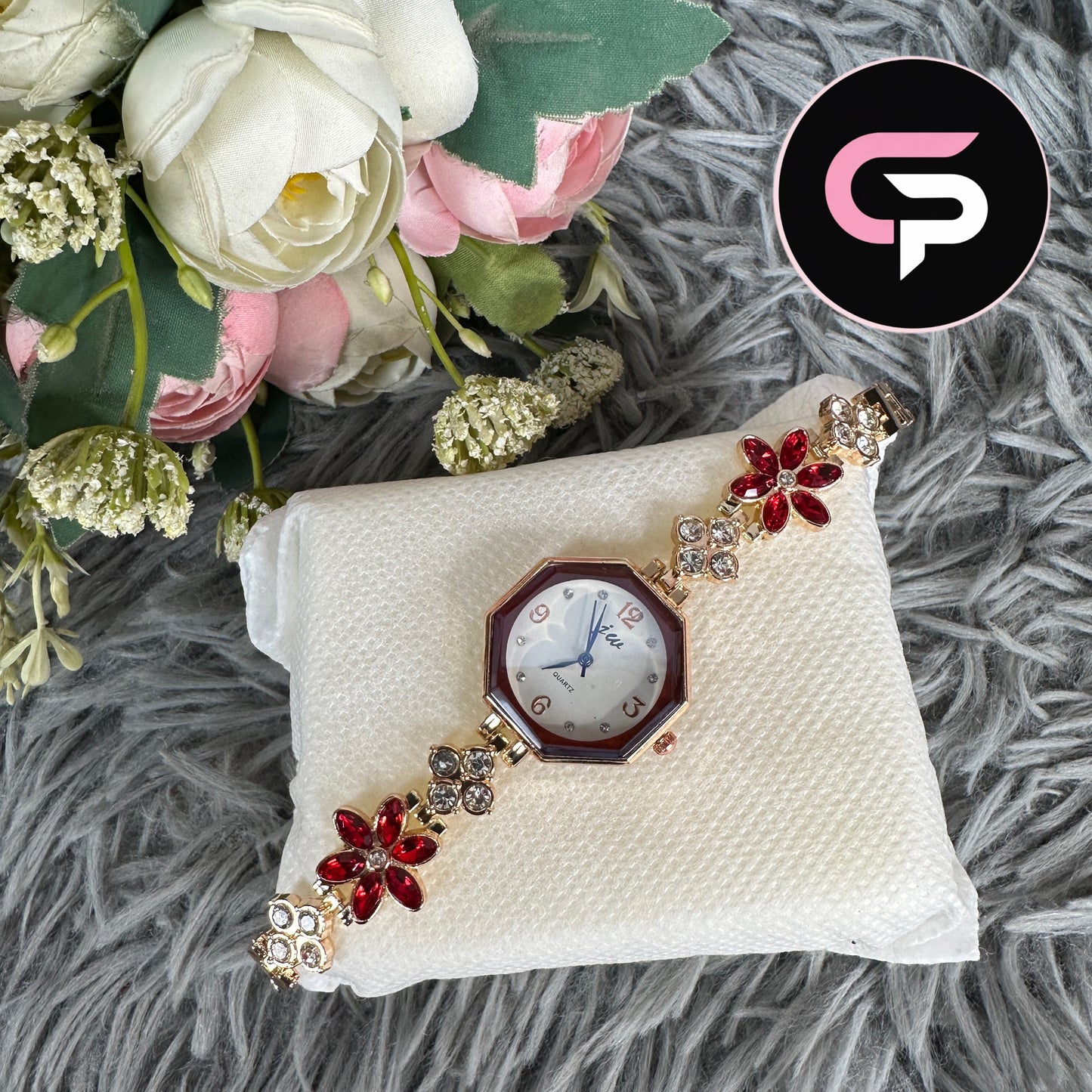 Red Floral Crystal Bracelet Watch for Women