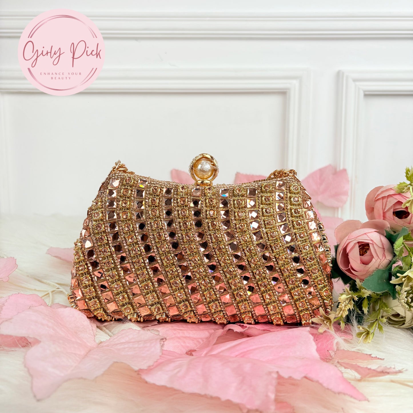 China Imported Rose Gold Crystal & Pearl Party Clutch Bag for Women