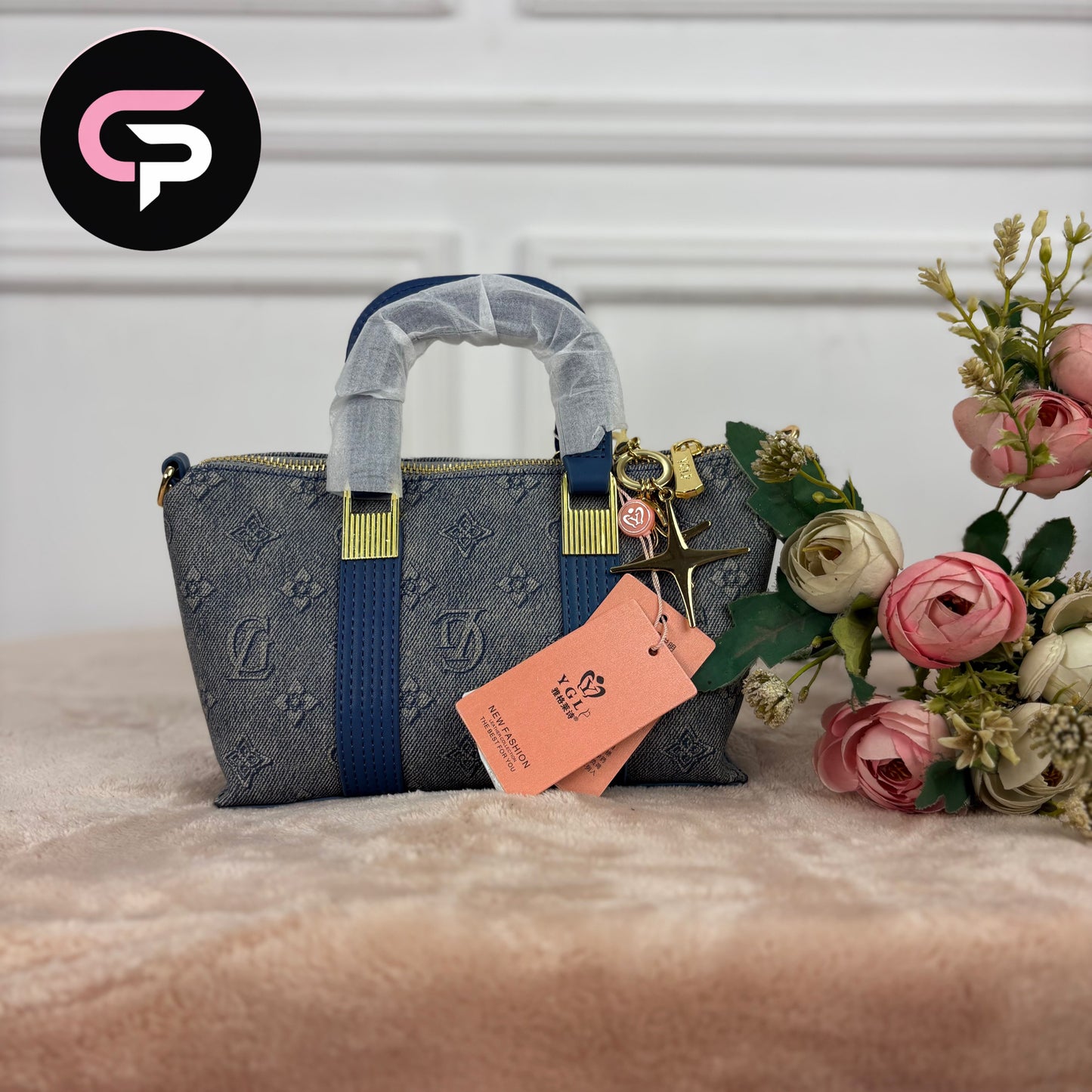 China Imported Mini Blue Printed Top Handle Bag for Women