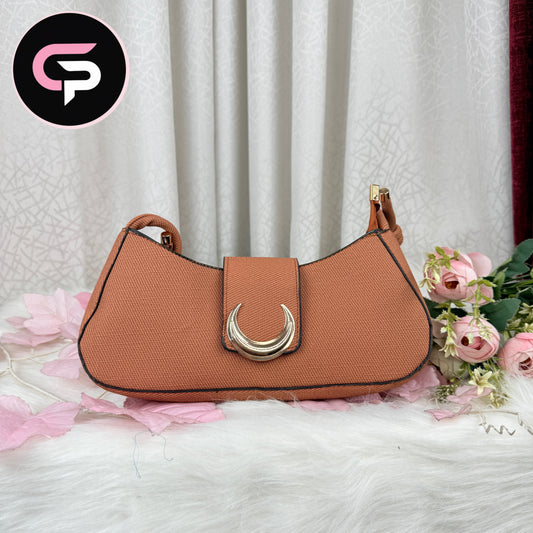 Brown Canvas Shoulder Bag with Gold Crescent Buckle