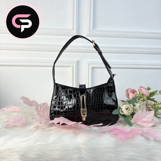 Black Croc-Texture Shoulder Bag with Gold Lock Detail