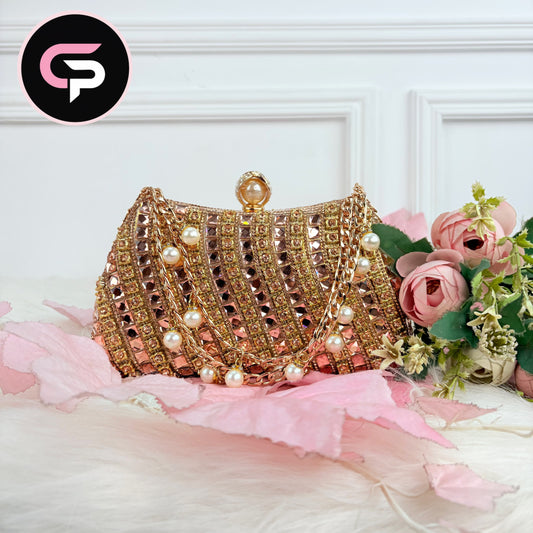 China Imported Rose Gold Crystal & Pearl Party Clutch Bag for Women