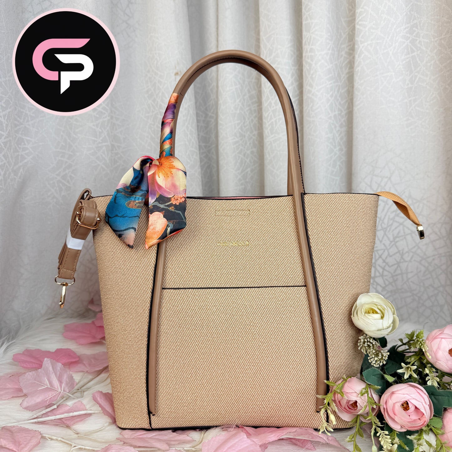 Beige Textured Tote Bag with Scarf Detail