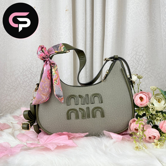 Green Textured Shoulder Bag with Scarf Detail