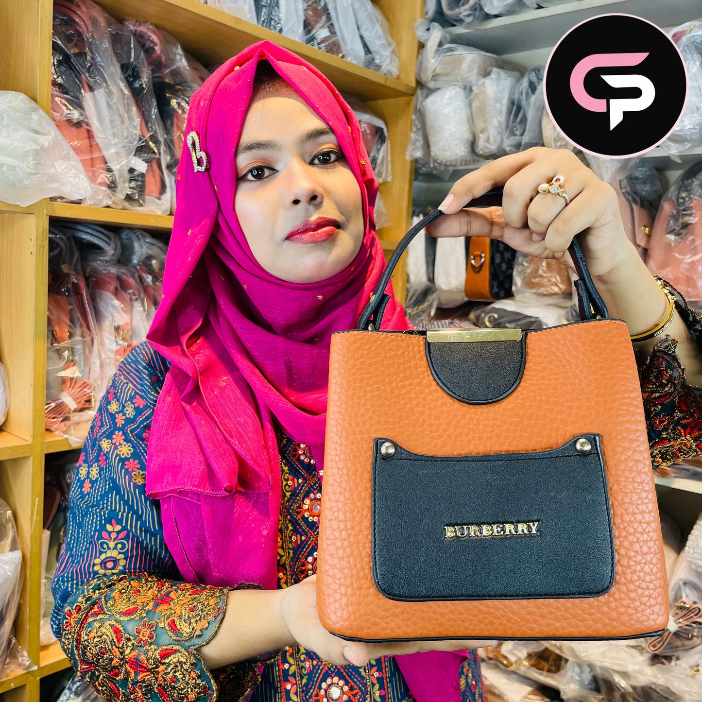 Orange Pebbled Mini Tote Bag with Front Pocket Detail