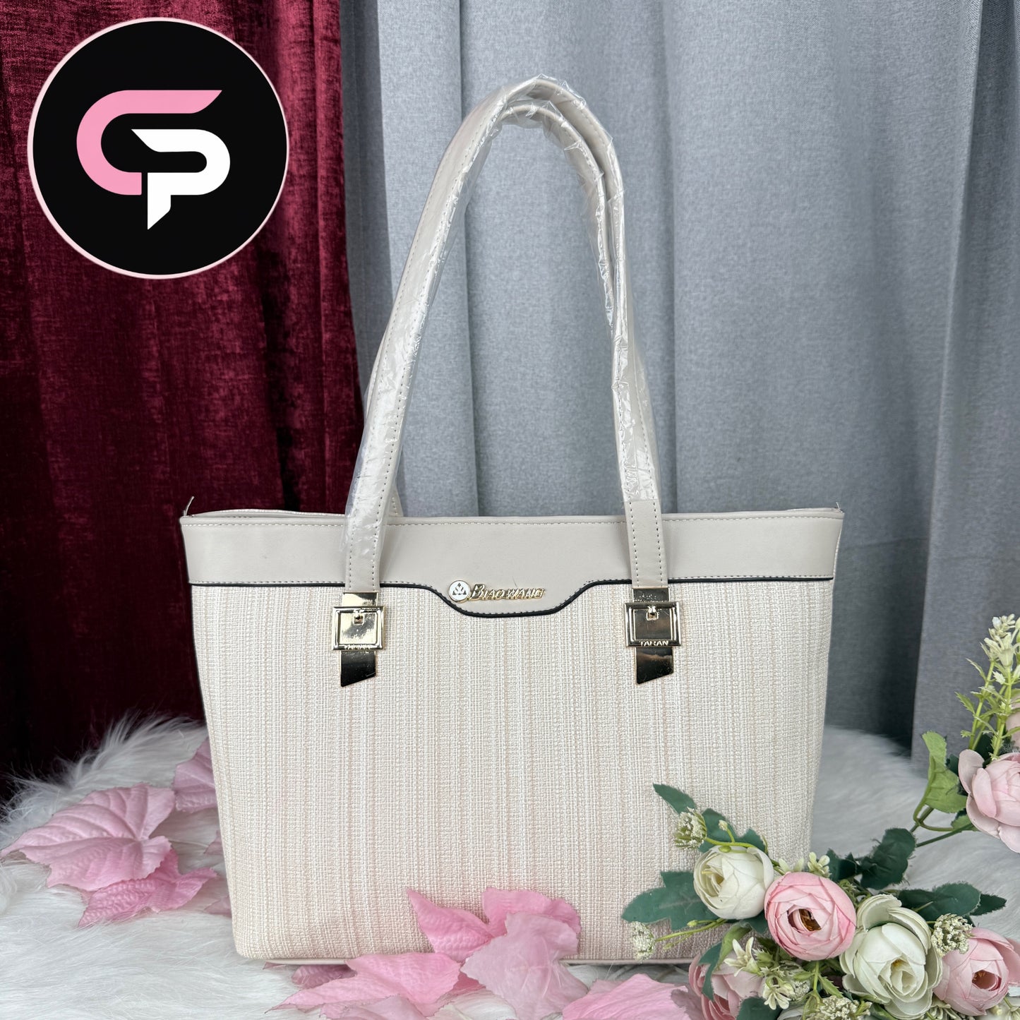 Beige Textured Tote Bag with Dual Shoulder Handles